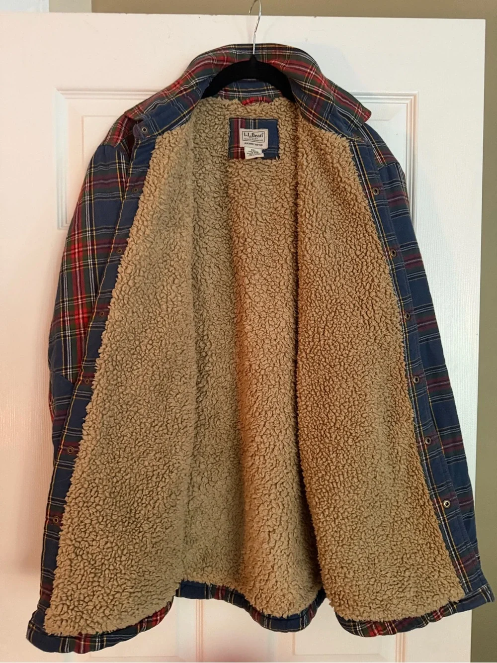 L.L. Bean Men's Navy and Red Plaid Sherpa-Lined Shirt Jacket